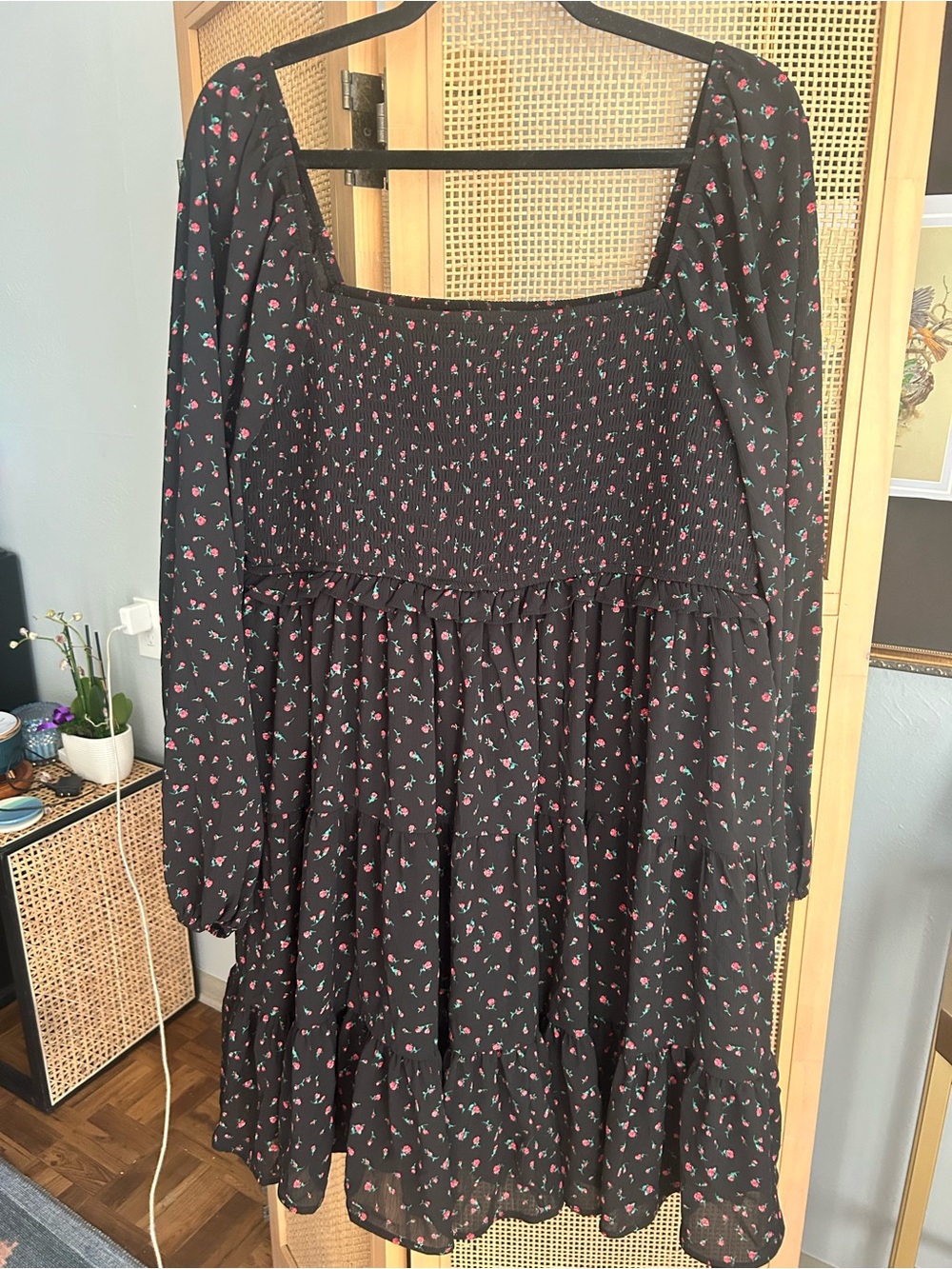 ARULA Black Smocked Floral Midi Dress with Red & Green Sprigs